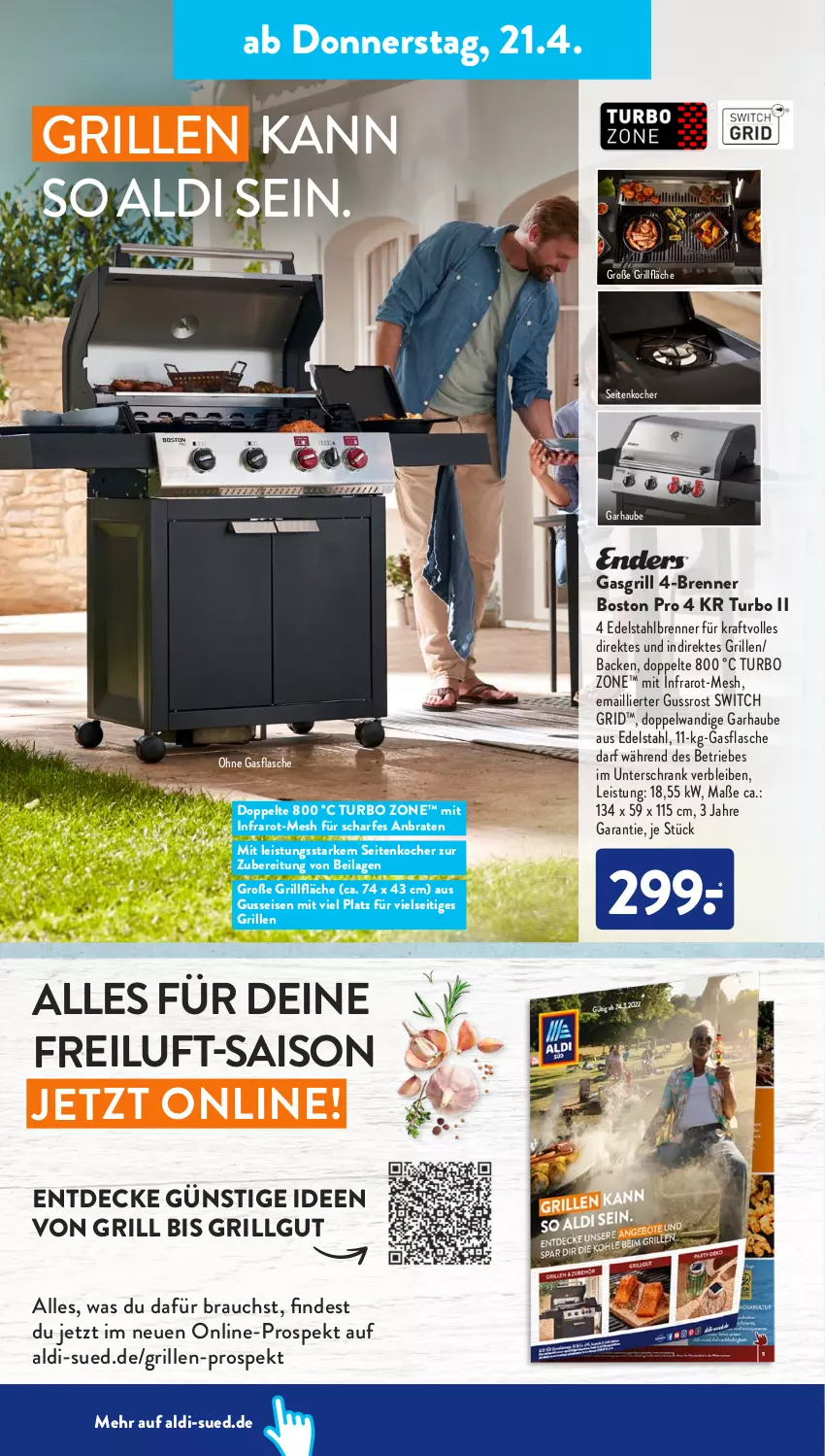 Aktueller Prospekt AldiSud - ALDI Aktuell - von 19.04 bis 23.04.2022 - strona 22 - produkty: aldi, braten, decke, edelstahl, eis, flasche, gasgrill, grill, grillfläche, ilag, Kocher, kraft, LG, Rauch, Schrank, Ti, unterschrank