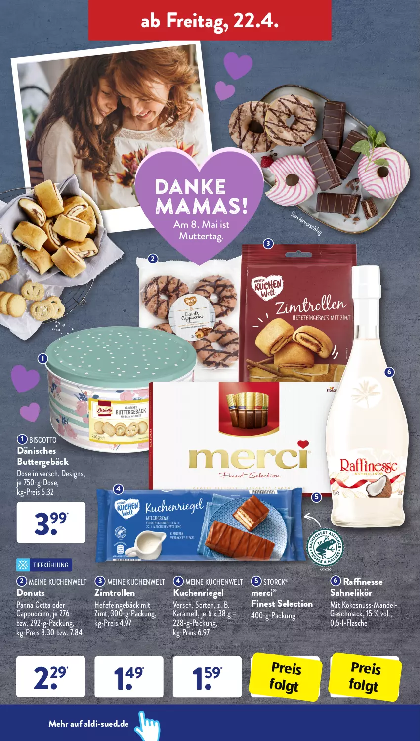 Aktueller Prospekt AldiSud - ALDI Aktuell - von 19.04 bis 23.04.2022 - strona 32 - produkty: aldi, biscotto, butter, Cap, cappuccino, cin, Donut, donuts, eis, finesse, flasche, Hefe, karamell, kokos, kokosnuss, kuchen, LG, likör, mac, mam, mandel, merci, nuss, oder cappuccino, panna cotta, reis, riegel, sahne, storck, Ti