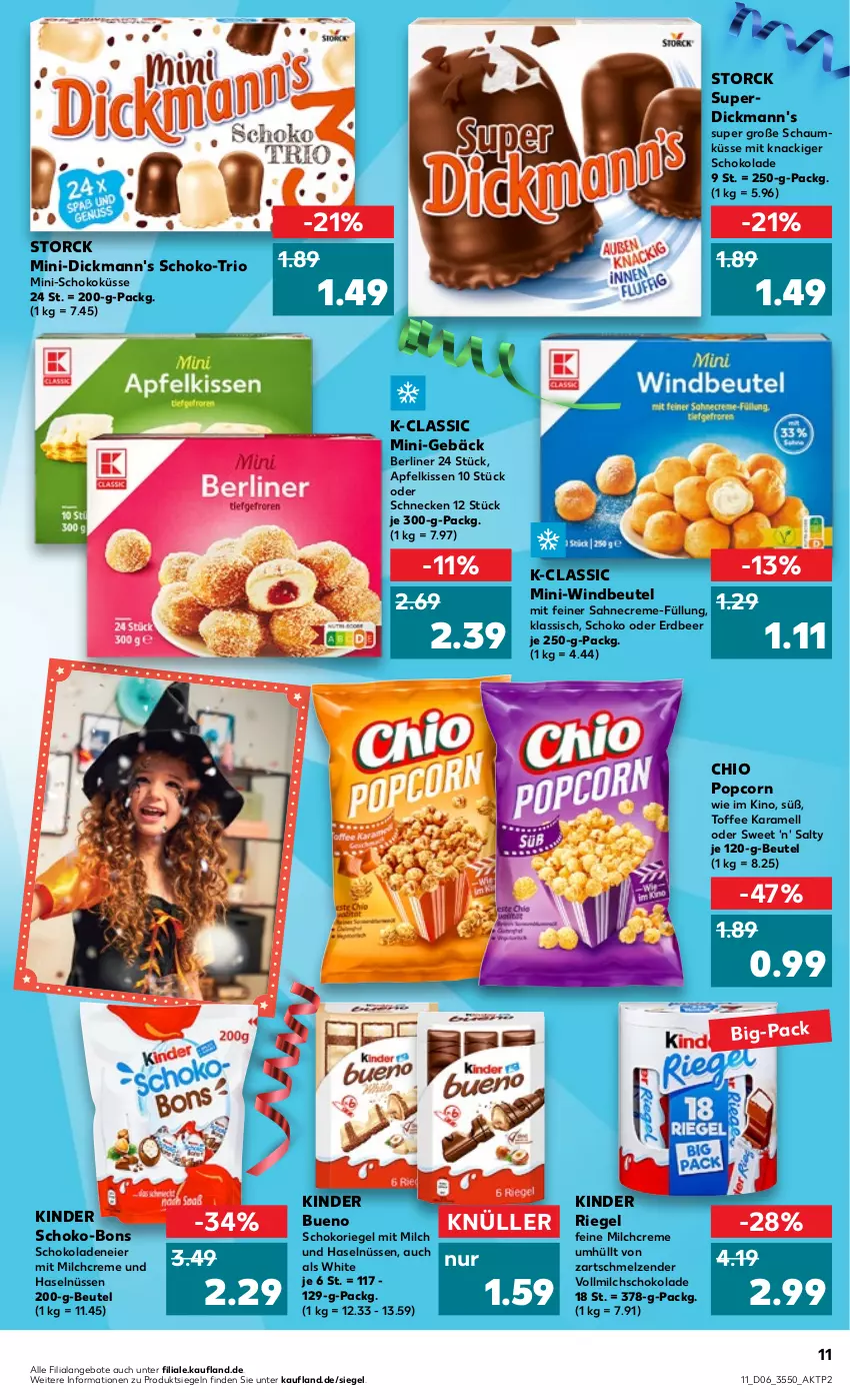 Aktueller Prospekt Kaufland - von 09.02 bis 15.02.2023 - strona 11 - produkty: angebot, angebote, apfel, berliner, beutel, creme, Dickmann's, eier, karamell, Kinder, kinder bueno, kinder riegel, kissen, milch, popcorn, riegel, sahne, schoko, schoko-bons, schokolade, schokoladen, schokoriegel, storck, Ti, vollmilch, Windbeutel