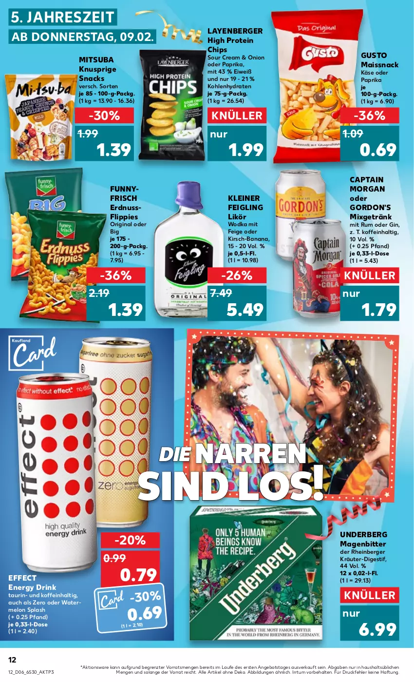 Aktueller Prospekt Kaufland - von 09.02 bis 15.02.2023 - strona 12 - produkty: angebot, Berger, Cap, captain morgan, chips, drink, Effect, energy drink, erdnuss, flippies, getränk, gin, gordon, gordon's, Käse, kirsch, kleiner feigling, kräuter, leine, likör, mais, Mixgetränk, nuss, paprika, rum, snack, snacks, sour cream, Ti, underberg, wodka, ZTE