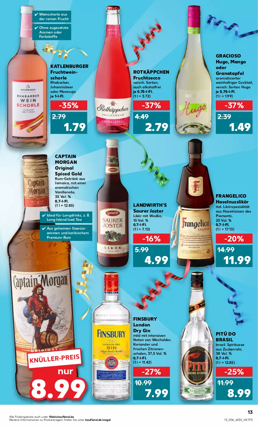 Aktueller Prospekt Kaufland - von 09.02 bis 15.02.2023 - strona 13 - produkty: alkohol, angebot, angebote, apfel, burger, Cap, captain morgan, cocktail, drink, drinks, dry gin, ecco, eis, finsbury, frangelico, frucht, fruchtsecco, getränk, gewürz, gin, gracioso, grana, granatapfel, haselnuss, hugo, katlenburger, Koriander, likör, london dry, london dry gin, mango, maracuja, nuss, original spiced gold, Rana, rhabarber, Ria, rotkäppchen, rum, Schal, Schale, schorle, Spezi, Ti, tisch, vanille, wein, weinschorle, wodka, zitrone, zitronen, ZTE, zucker