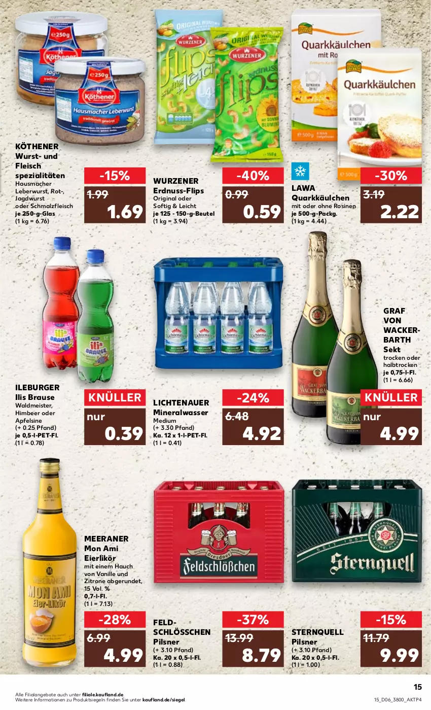 Aktueller Prospekt Kaufland - von 09.02 bis 15.02.2023 - strona 15 - produkty: Alwa, angebot, angebote, apfel, auer, beutel, brause, burger, eier, eierlikör, eis, erdnuss, fleisch, gin, Hausmacher, himbeer, jagdwurst, leberwurst, lichtenauer, likör, mac, malz, Meister, mineralwasser, Mineralwasser Medium, nuss, pils, pilsner, quark, Schmalz, sekt, Spezi, Ti, vanille, waldmeister, wasser, wurst, zitrone