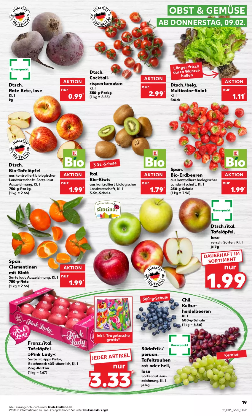 Aktueller Prospekt Kaufland - von 09.02 bis 15.02.2023 - strona 19 - produkty: angebot, angebote, auer, ball, beere, beeren, bio, clementinen, cocktail, erdbeere, erdbeeren, heidelbeere, heidelbeeren, kiwi, LG, mac, obst, Pink Lady, rispentomaten, rote bete, salat, Schal, Schale, tafeläpfel, tafeltrauben, Tasche, Ti, tomate, tomaten, tragetasche, trauben, trolli