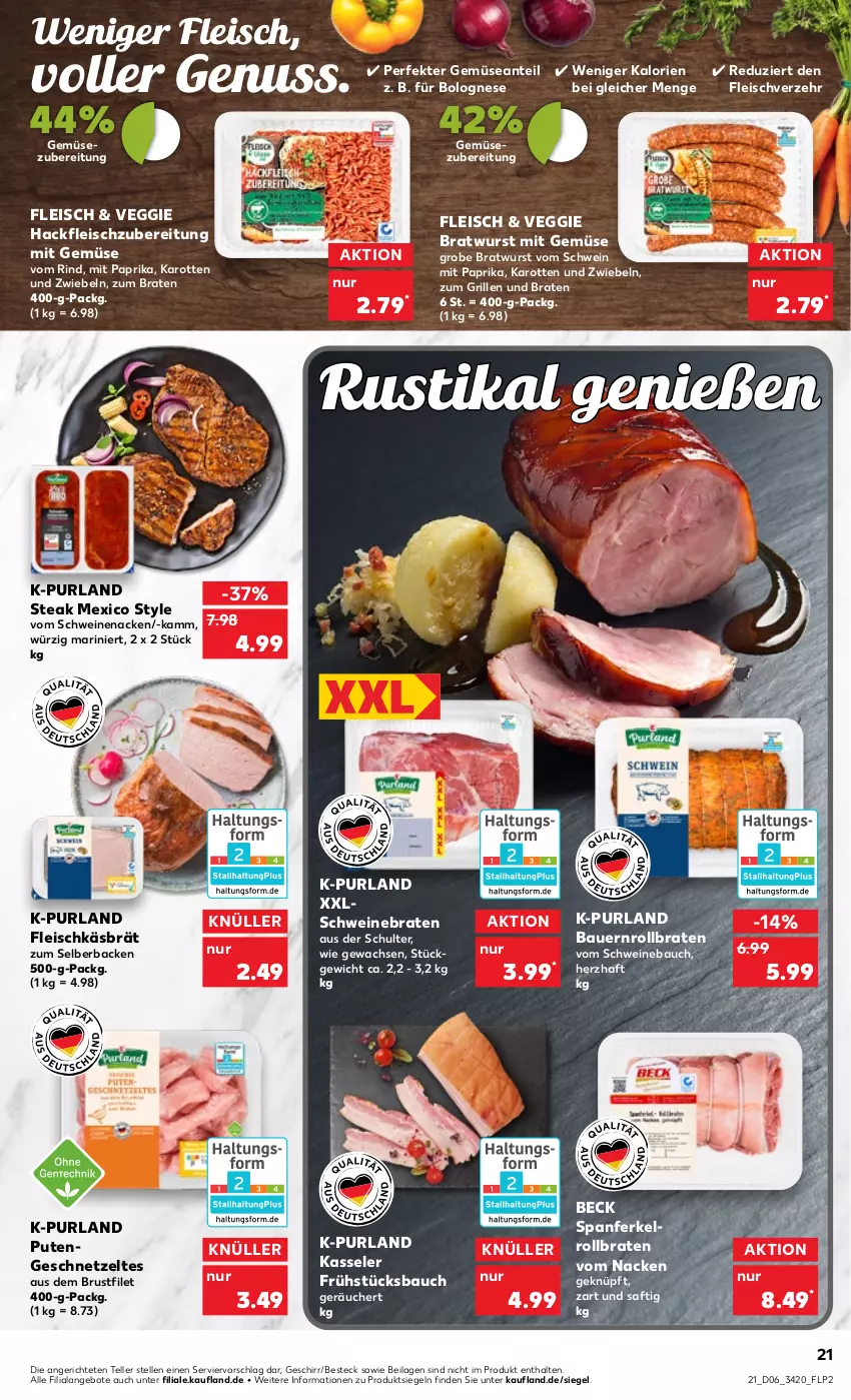 Aktueller Prospekt Kaufland - von 09.02 bis 15.02.2023 - strona 21 - produkty: angebot, angebote, auer, Bau, Bauer, besteck, bolognese, braten, bratwurst, brustfilet, eis, elle, filet, fleisch, geschirr, geschnetzeltes, grill, grobe bratwurst, hackfleisch, ilag, karotten, kasseler, mit gemüse, mit paprika, nuss, paprika, purland, pute, Putengeschnetzeltes, rind, rollbraten, saft, schwein, schweine, Schweinebauch, schweinebraten, schweinenacken, steak, teller, Ti, veggie, vom schweinenacken, wein, weine, wurst, Zelt, zwiebel, zwiebeln