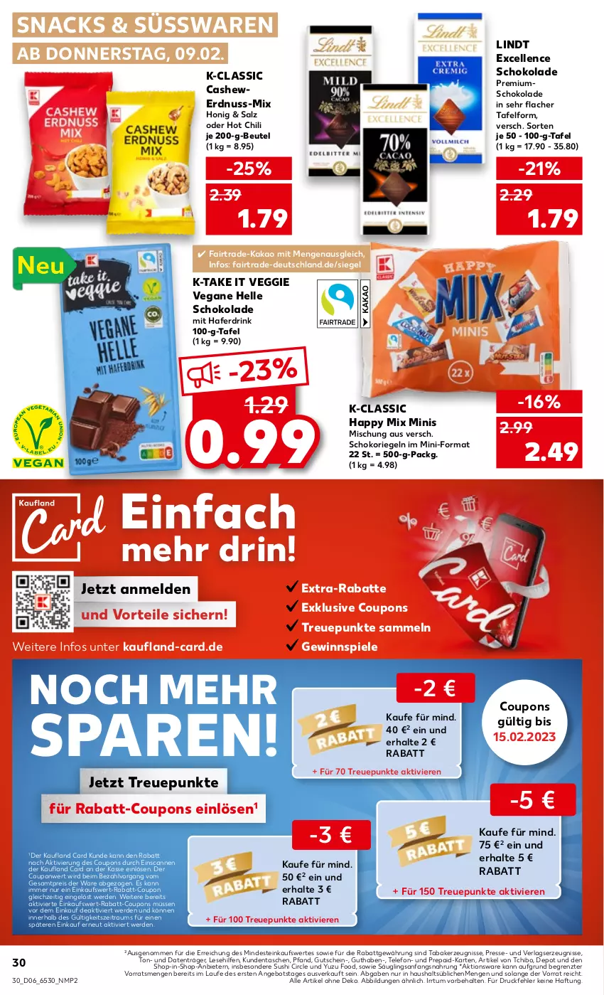 Aktueller Prospekt Kaufland - von 09.02 bis 15.02.2023 - strona 30 - produkty: angebot, beutel, Cashew, chili, coupon, coupons, drink, eis, elle, erde, erdnuss, gewinnspiel, gutschein, hafer, Haferdrink, honig, hot chili, kakao, kerze, lindt, nuss, rabatt-coupon, reis, riegel, salz, schoko, schokolade, schokoriegel, snack, snacks, Spiele, Sushi, süsswaren, Tasche, taschen, Tchibo, telefon, Ti, veggie, ZTE