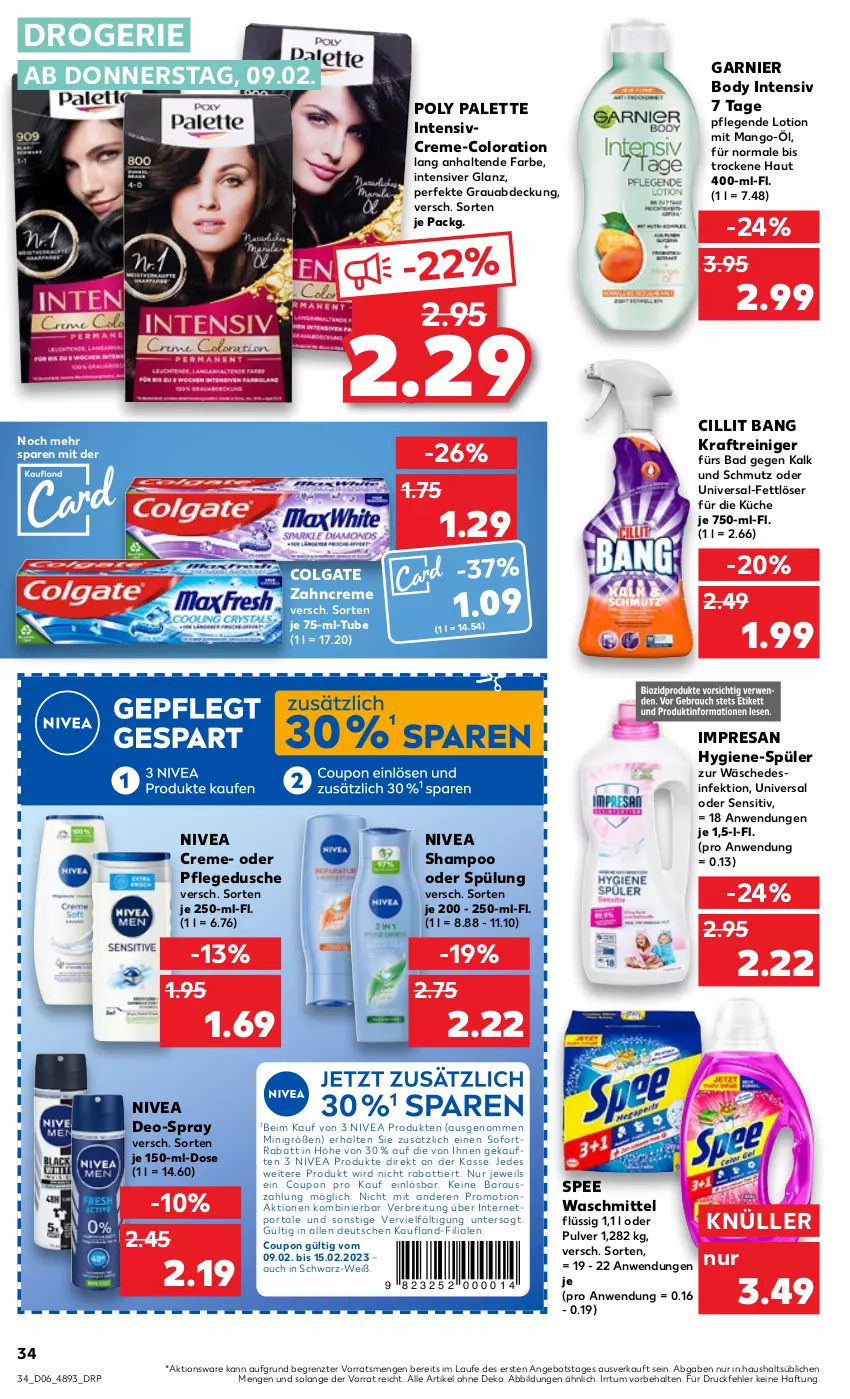 Aktueller Prospekt Kaufland - von 09.02 bis 15.02.2023 - strona 34 - produkty: angebot, Bad, body, Brei, Cillit, cillit bang, colgate, coupon, creme, deo, Desinfektion, dusche, Fettlöser, garnier, kraft, küche, LG, Lotion, mango, nivea, Palette, pflegedusche, reiniger, resa, shampoo, shampoo oder spülung, sofortrabatt, spee, spülung, Ti, waschmittel, zahncreme, ZTE