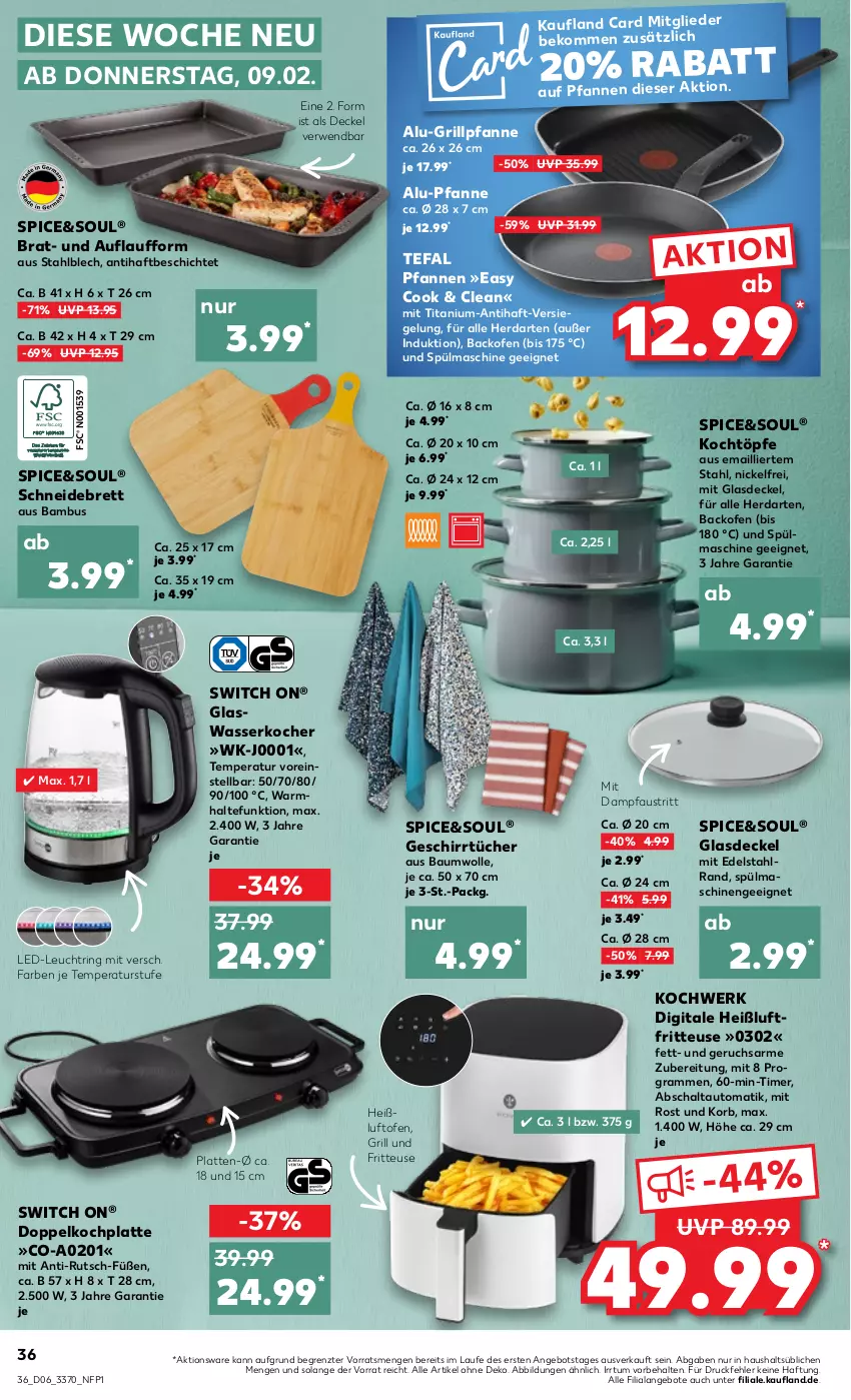 Aktueller Prospekt Kaufland - von 09.02 bis 15.02.2023 - strona 36 - produkty: angebot, angebote, aust, auto, backofen, bambus, Bau, baumwolle, beko, decke, Deckel, edelstahl, fritteuse, geschirr, geschirrtücher, Glasdeckel, grill, Grillpfanne, Heißluftfritteuse, herdarten, HP, Kocher, korb, latte, Ofen, pfanne, pfannen, Pfau, ring, rwe, Schal, schneidebrett, spülmaschinen, tefal, Ti, timer, tücher, wasser, wasserkocher, wolle, ZTE