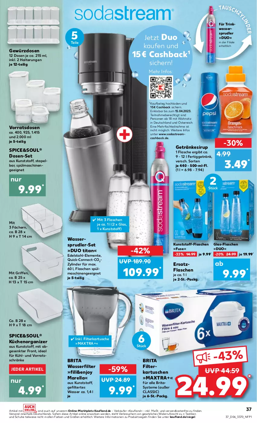 Aktueller Prospekt Kaufland - von 09.02 bis 15.02.2023 - strona 37 - produkty: brita, edelstahl, eis, ente, erde, filterkartuschen, flasche, getränk, getränke, getränkesirup, gewürz, Gewürzdose, küche, Küchen, Maxtra, ndk, Rauch, rel, schuhe, sirup, Soda, sodastream, spülmaschinen, Ti, versandkostenfrei, wasser, wasserfilter, wassersprudler