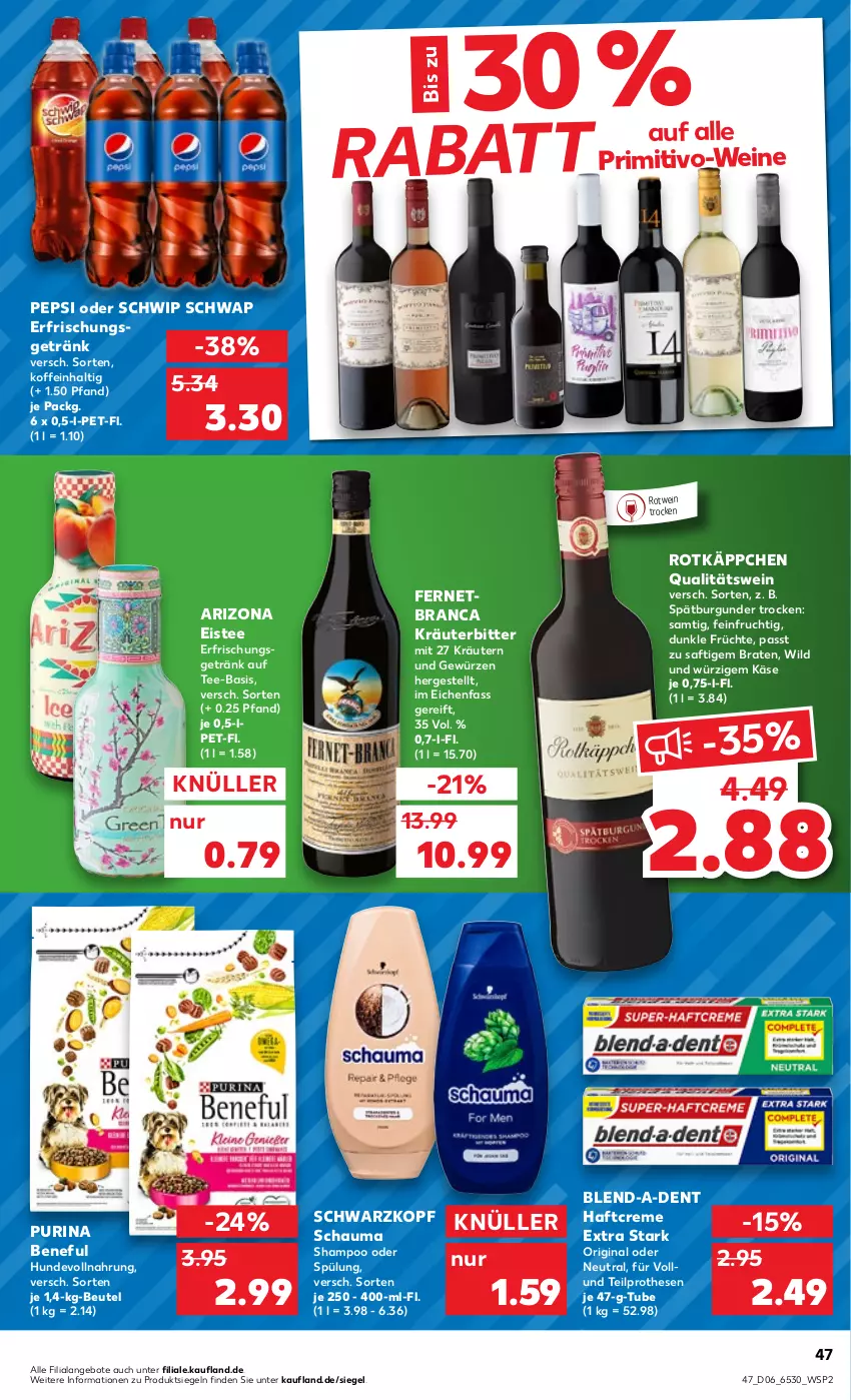 Aktueller Prospekt Kaufland - von 09.02 bis 15.02.2023 - strona 47 - produkty: angebot, angebote, beutel, braten, burgunder, creme, eis, eistee, erfrischungsgetränk, Fernet, frucht, früchte, getränk, gewürz, gin, Haftcreme, Käse, kräuter, kräutern, pepsi, primitivo, purina, qualitätswein, rotkäppchen, rotwein, saft, schauma, schauma shampoo, schwarzkop, schwarzkopf, Schwip Schwap, shampoo, shampoo oder spülung, spätburgunder, spülung, tee, Ti, wein, weine, Wild