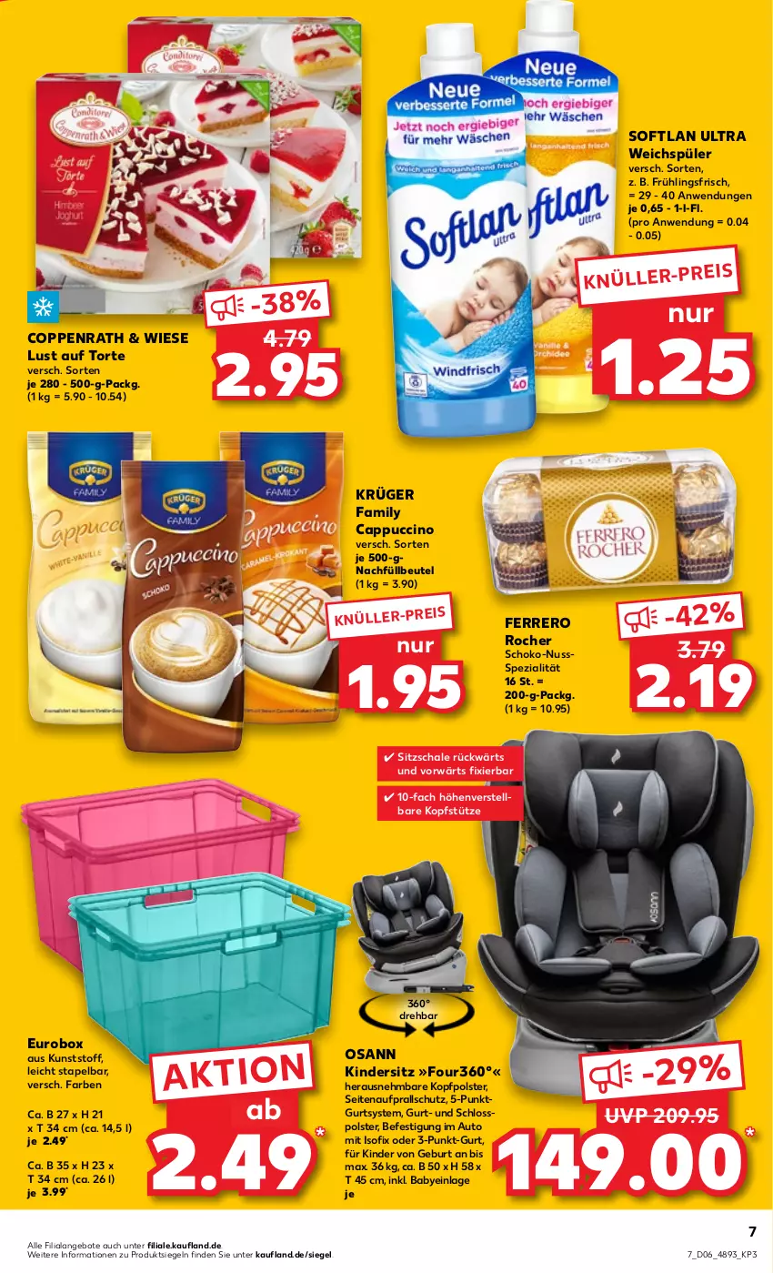 Aktueller Prospekt Kaufland - von 09.02 bis 15.02.2023 - strona 7 - produkty: angebot, angebote, auto, beutel, Cap, cappuccino, cin, coppenrath, eis, ferrero, Ferrero Rocher, Kinder, Kindersitz, kopfstütze, krüger, Lust auf Torte, nuss, Schal, Schale, schoko, Softlan, Spezi, Ti, torte, weichspüler