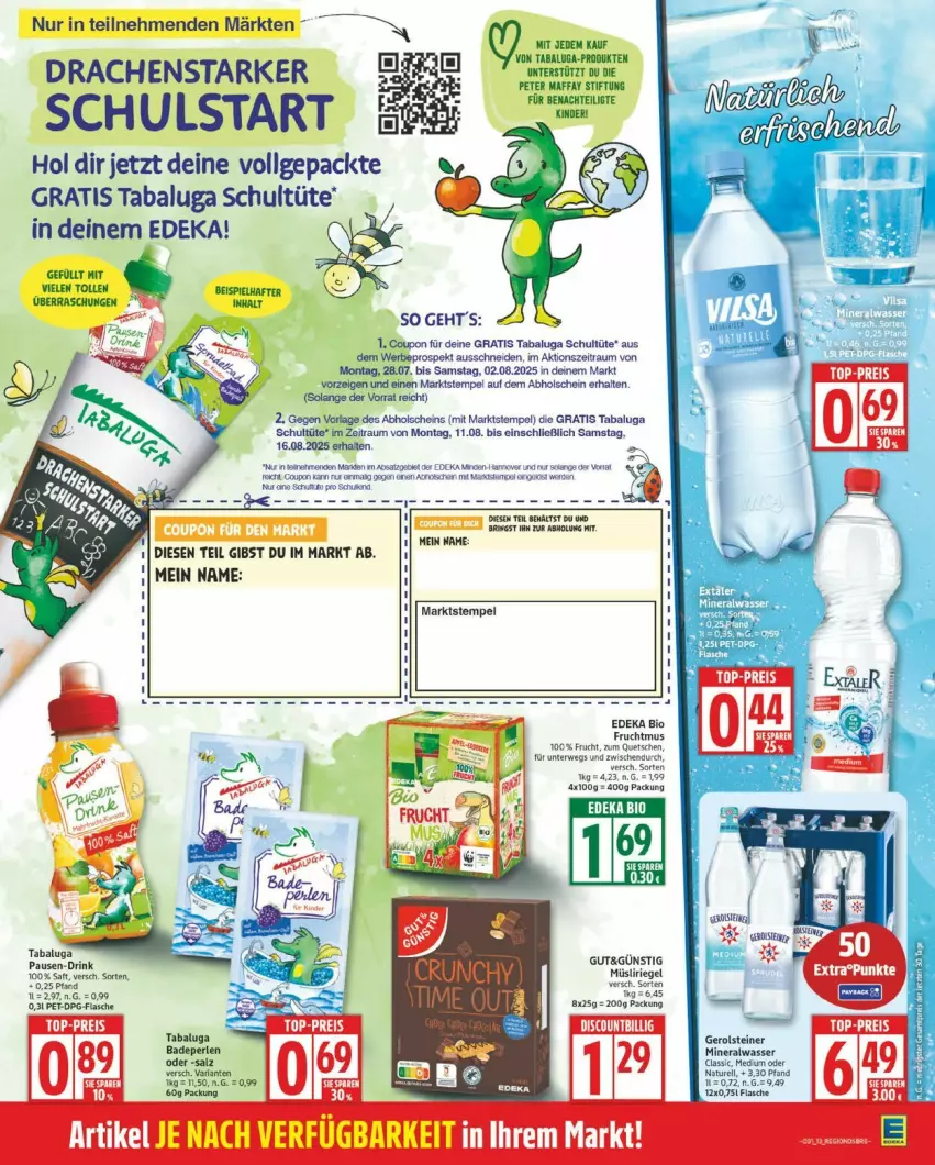 Aktueller Prospekt Edeka - Prospekte - von 28.07 bis 02.08.2025 - strona 13 - produkty: Alwa, arla, Bad, Badeperlen, bio, coupon, deka, discount, drink, edeka bio, eis, frucht, Fruchtmus, gerolsteine, gerolsteiner, LG, mineralwasser, Mineralwasser Classic, müsli, Müsliriegel, natur, perlen, rel, riegel, ring, rwe, saft, steiner, Ti, Tüte, wasser