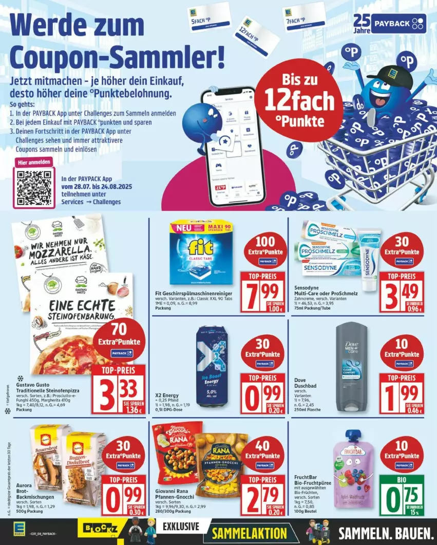 Aktueller Prospekt Edeka - Prospekte - von 28.07 bis 02.08.2025 - strona 8 - produkty: backmischung, Backmischungen, Bad, beutel, bio, brot, coupon, coupons, dove, duschbad, elle, flasche, frucht, geschirr, giovanni rana, gnocchi, Käse, mac, margherita, maschinenreiniger, Ofen, payback, pfanne, pfannen, pizza, püree, Rana, reiniger, Ria, sensodyne, spülmaschinen, steinofen, Ti