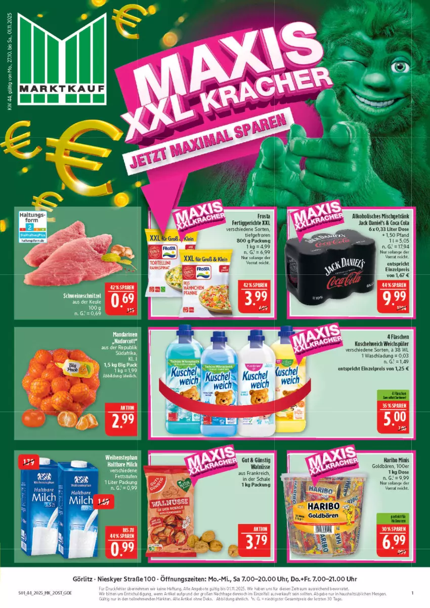 Aktueller Prospekt Marktkauf - Prospekt - von 26.10 bis 01.11.2025 - strona 1 - produkty: alkohol, cola, eis, fertiggericht, fertiggerichte, flasche, frosta, goldbären, haribo, jack daniel, jack daniel's, Kuschelweich, reis, Schal, Schale, Ti, uhr, weichspüler