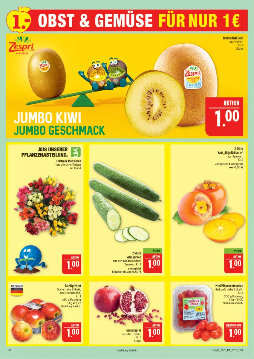 Aktueller Prospekt Marktkauf - Prospekt - von 26.10 bis 01.11.2025 - strona 10 - produkty: Abtei, apfel, eis, grana, granatapfel, gurke, gurken, jumbo, Kaki, kiwi, Kiwi Gold, kiwifruit, mac, pflanze, pflanzen, pflaume, pflaumen, Rana, reis, rosen, salat, Salatgurke, salatgurken, tafeläpfel, Ti, tomate, tomaten, zespri