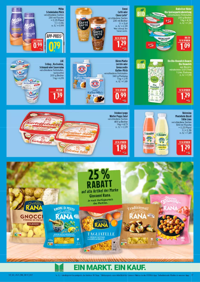 Aktueller Prospekt Marktkauf - Prospekt - von 26.10 bis 01.11.2025 - strona 17 - produkty: aktionspreis, auer, Becher, caffe, deka, eis, emmi, feinkost, flasche, giovanni rana, Heu, latte, limo, milch, milka, milka schokolade, monte, nuss, Popp, Rana, reis, sahne, salat, salz, Sauerrahm, schmand, schoko, schokolade, schokoladen, Ti, valensina, ZTE