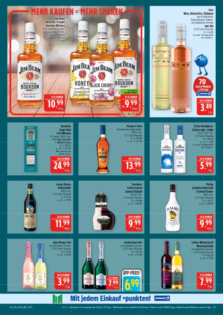 Aktueller Prospekt Marktkauf - Prospekt - von 26.10 bis 01.11.2025 - strona 23 - produkty: aktionspreis, alkohol, bio, bourbon, bourbon whiskey, coconut, deka, eis, Fernet, flasche, geldermann, getränk, getränke, gin, Glühwein, jim beam, jules mumm, kentucky straight, korn, kräuter, kräuterlikör, likör, liqueur, Malibu, Metaxa, mumm, nuss, Rana, reis, rum, sekt, Spezi, Ti, tuc, wein, whiskey, ZTE