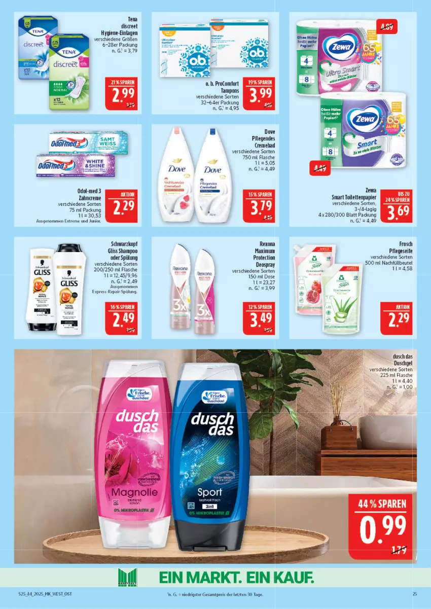 Aktueller Prospekt Marktkauf - Prospekt - von 26.10 bis 01.11.2025 - strona 25 - produkty: Bad, beutel, bsf, creme, deo, deospray, Discreet, dove, duschgel, eis, flasche, Frosch, gliss, Odol, Odol-med 3, papier, procomfort, reis, rexona, rum, schwarzkop, schwarzkopf, Seife, shampoo, shampoo oder spülung, spülung, Tampon, tampons, Ti, toilettenpapier, zahncreme, zewa, ZTE