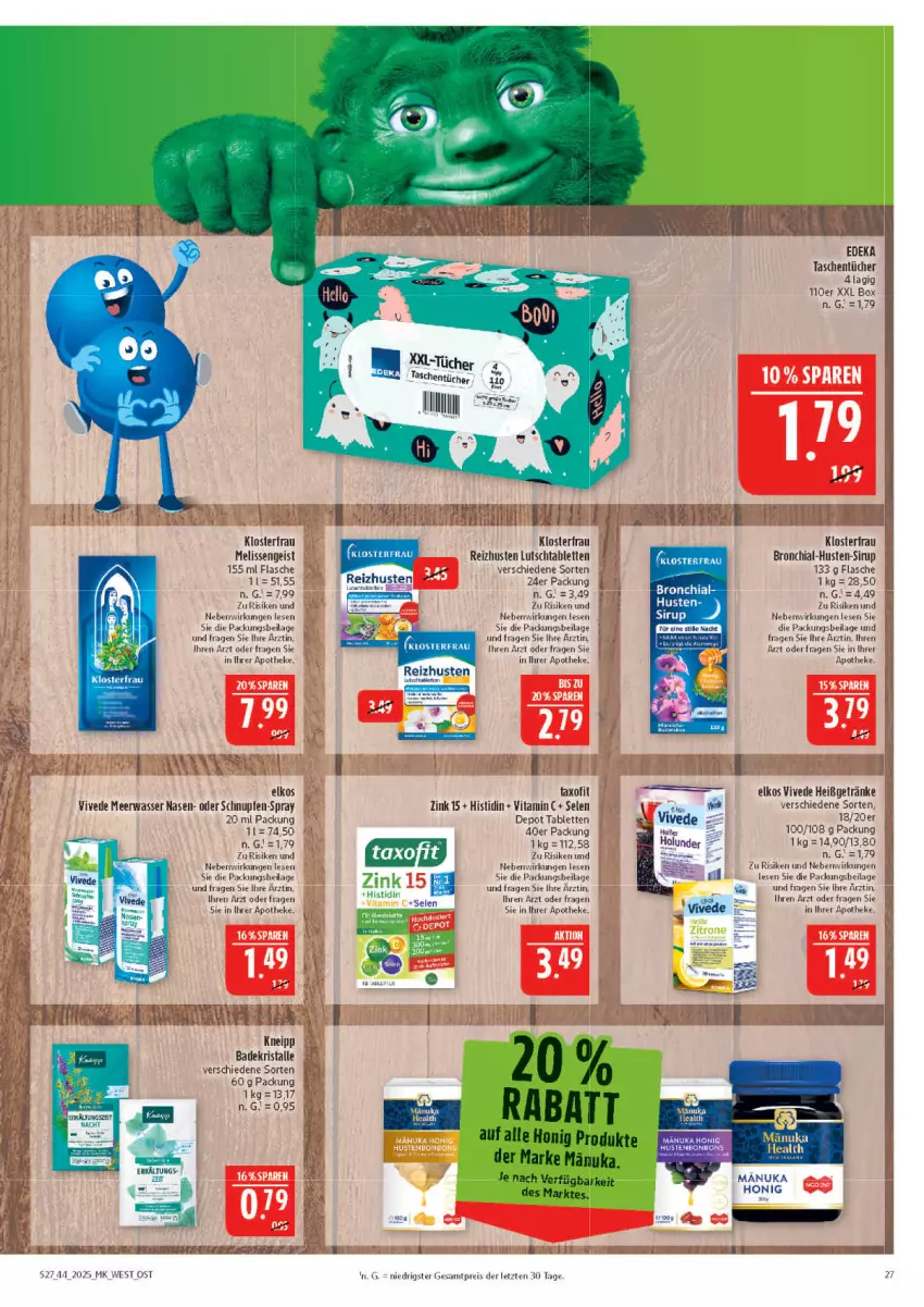 Aktueller Prospekt Marktkauf - Prospekt - von 26.10 bis 01.11.2025 - strona 27 - produkty: Apotheke, Bad, Badekristalle, bonbons, chia, deka, eis, elkos, flasche, getränk, getränke, honig, Hustenbonbons, ilag, kneipp, Manuka Honig, Meerwasser, nuk, reis, sirup, tablet, tablett, Tablette, Tasche, taschen, taschentücher, Taxofit, Ti, tücher, vita, Vitamin C, wasser, ZTE