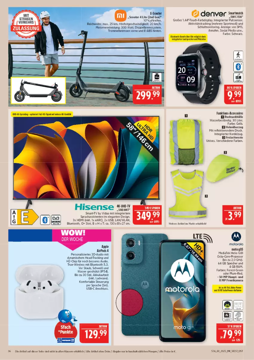 Aktueller Prospekt Marktkauf - Prospekt - von 26.10 bis 01.11.2025 - strona 36 - produkty: ACC, accessoires, akku, Apple, eis, ente, frontkamera, HDMI, hisense, kamera, lautsprecher, monitor, motorola, Persona, reifen, reis, rel, ring, rucksack, sac, scooter, Sport, Ti, Tiere, trommel, uhr, usb, wasser, Weste