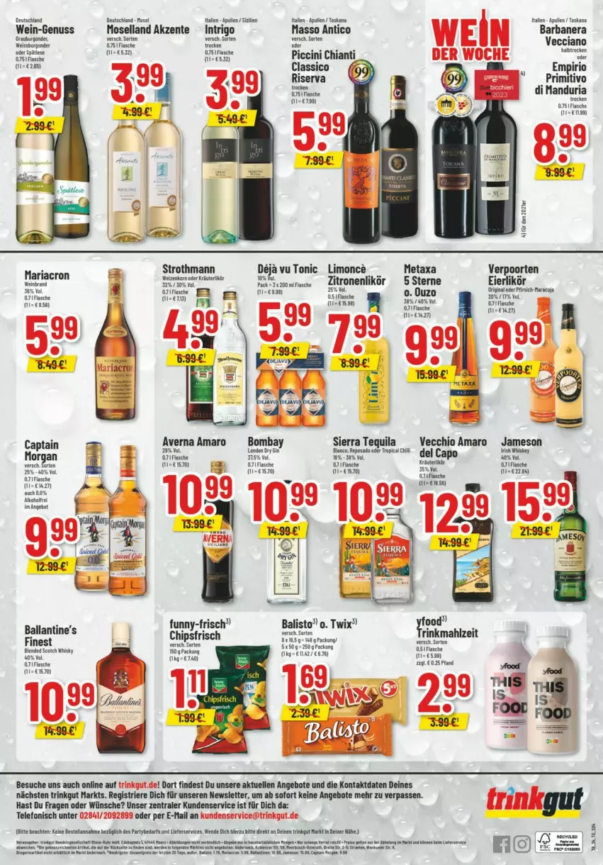 Aktueller Prospekt Trinkgut - Prospekte - von 15.09 bis 21.09.2024 - strona 6 - produkty: amaro, angebot, angebote, averna, balisto, ball, Cap, chia, chianti, chips, chipsfrisch, classico, eier, eierlikör, elle, ente, fisch, fische, flasche, funny-frisch, HP, jameson, likör, limo, mac, Metaxa, moselland, nuss, ouzo, primitivo, rel, Ria, Sierra, sierra tequila, telefon, tequila, Ti, tonic, twix, verpoorten, wein