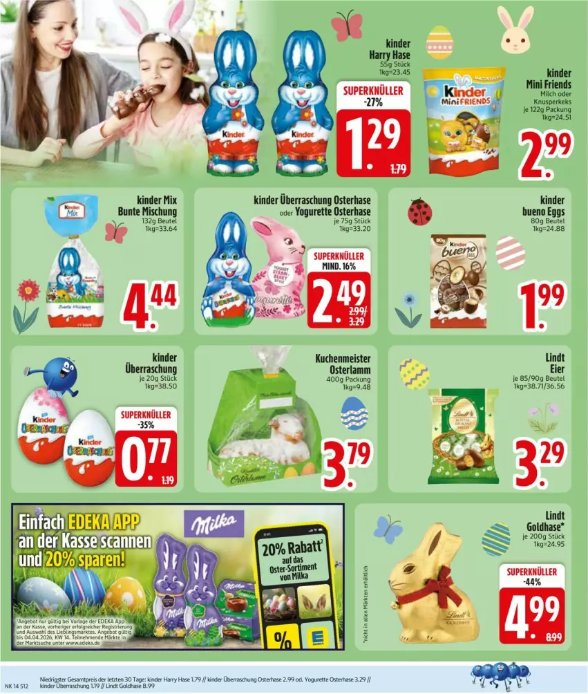 Aktueller Prospekt Edeka - Prospekte - von 30.03 bis 04.04.2026 - strona 14 - produkty: beutel, eier, eis, Kinder, kuchen, kuchenmeister, lamm, lindt, Meister, Müller, oder yogurette, reis, Yo, yogurette, ZTE
