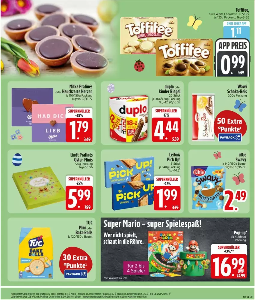 Aktueller Prospekt Edeka - Prospekte - von 30.03 bis 04.04.2026 - strona 15 - produkty: beutel, cola, duplo, eis, Kinder, kinder riegel, leibniz, lindt, milka, Pick Up!, reis, riegel, schoko, Ti, tuc, white chocolate, ZTE