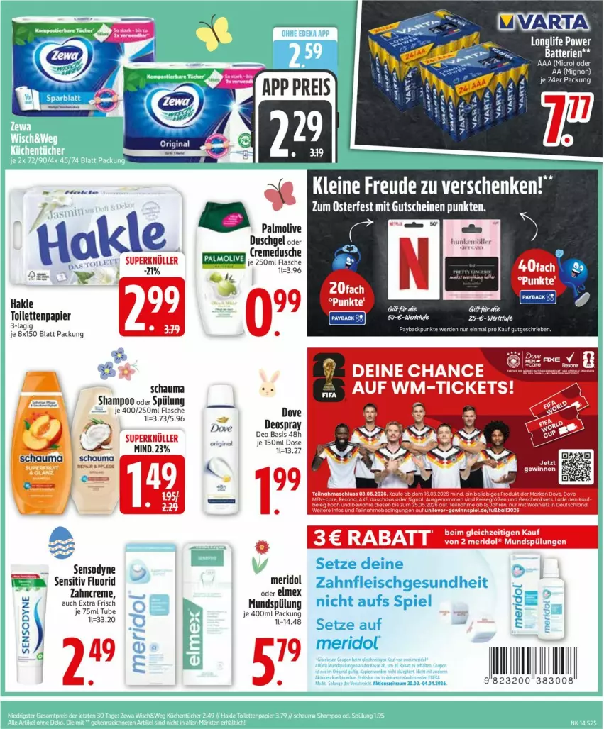 Aktueller Prospekt Edeka - Prospekte - von 30.03 bis 04.04.2026 - strona 27 - produkty: batterie, batterien, Brei, creme, dove, duschgel, elmex, flasche, gutschein, gutscheine, hakle, meridol, mundspülung, olive, palmolive, papier, schauma, sensodyne, shampoo, shampoo oder spülung, spülung, Ti, toilettenpapier, varta, zahncreme