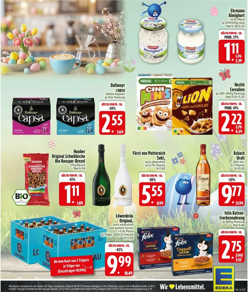 Aktueller Prospekt Edeka - Prospekte - von 30.03 bis 04.04.2026 - strona 29 - produkty: alkohol, almighur, almighurt, asbach uralt, beutel, bio, brezel, Cap, cerealien, dallmayr, dallmayr capsa, deka, ehrmann, ehrmann almighurt, eis, felix, flasche, fürst von metternich, gin, huober, kaffee, kaffee-kapseln, Mett, metternich, reis, sekt, Ti, Trockennahrung, ZTE