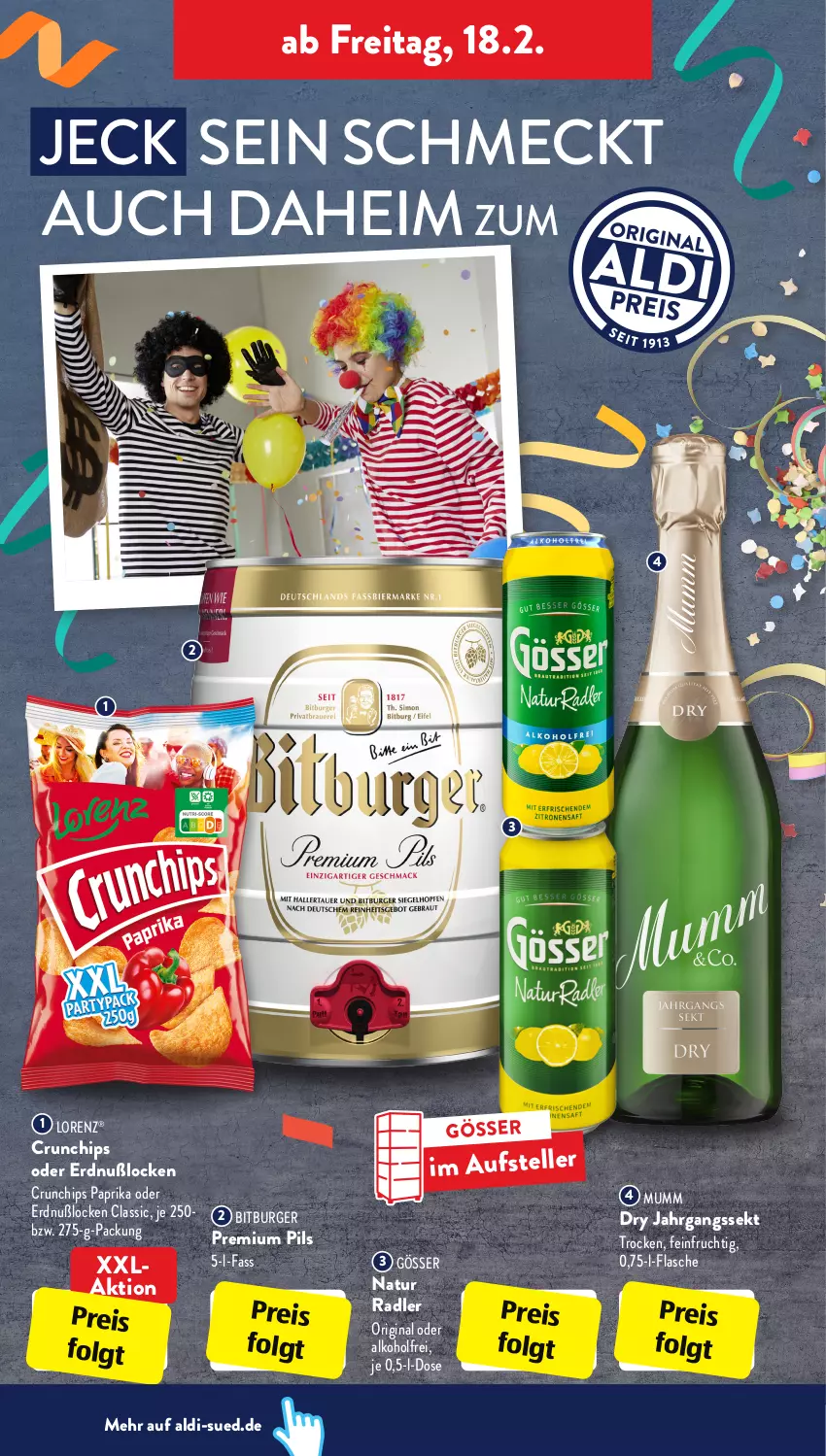 Aktueller Prospekt AldiSud - ALDI Aktuell - von 14.02 bis 19.02.2022 - strona 24 - produkty: aldi, alkohol, bitburger, burger, chips, crunchips, eis, elle, flasche, frucht, gin, gösser, jahrgangssekt, LG, lorenz, mumm, natur, natur radler, paprika, pils, premium pils, radler, reis, sekt, teller, Ti