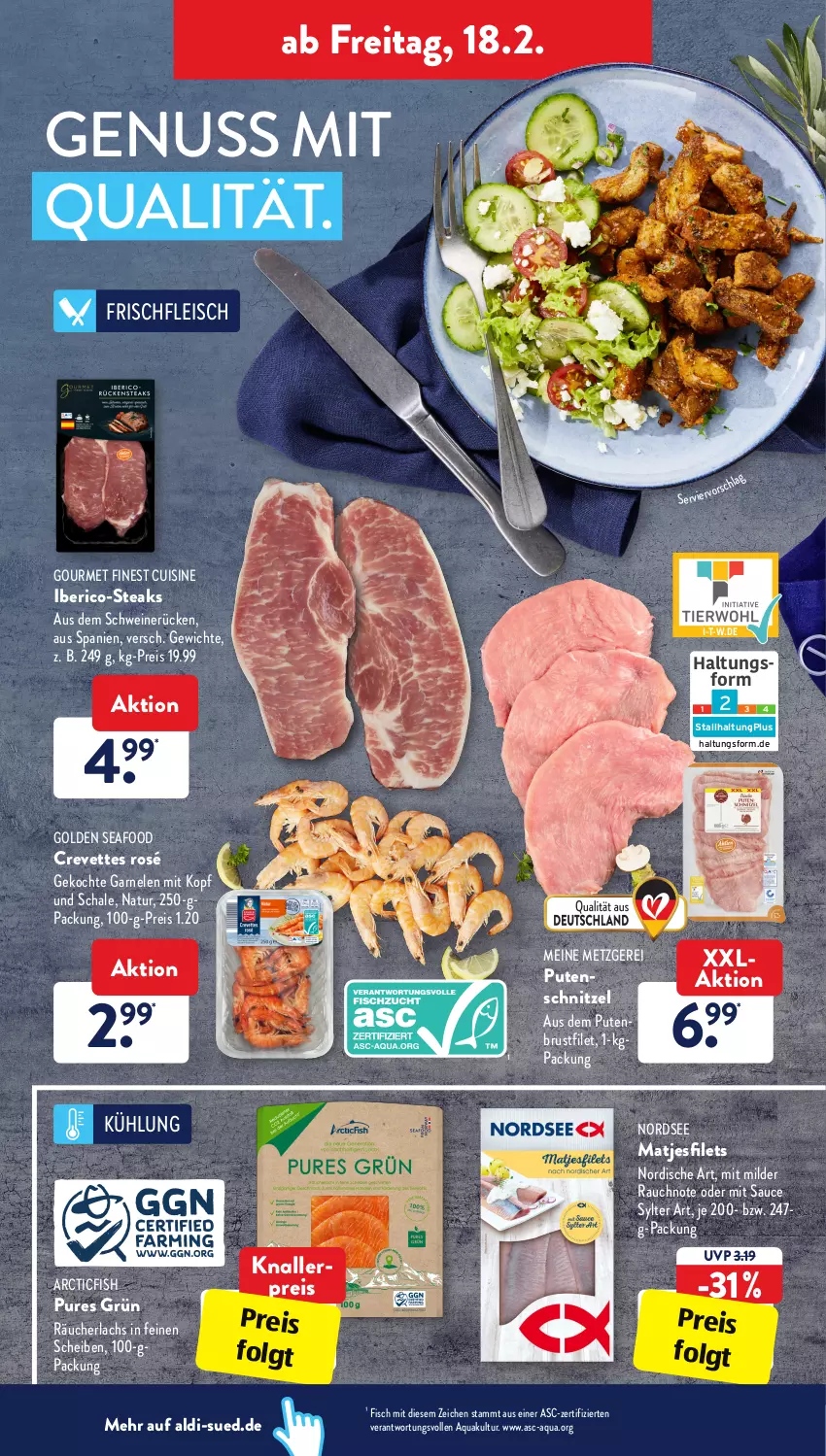 Aktueller Prospekt AldiSud - ALDI Aktuell - von 14.02 bis 19.02.2022 - strona 28 - produkty: aldi, aqua, bier, brustfilet, eis, filet, filets, fisch, fleisch, garnelen, knallerpreis, lachs, LG, matjes, Matjesfilet, matjesfilets, natur, Nordsee, nuss, pute, putenbrust, putenbrustfilet, putenschnitzel, Rauch, Räucherlachs, reis, sauce, Schal, Schale, schnitzel, schwein, schweine, schweinerücken, steak, steaks, Sylter, Ti, wein, weine