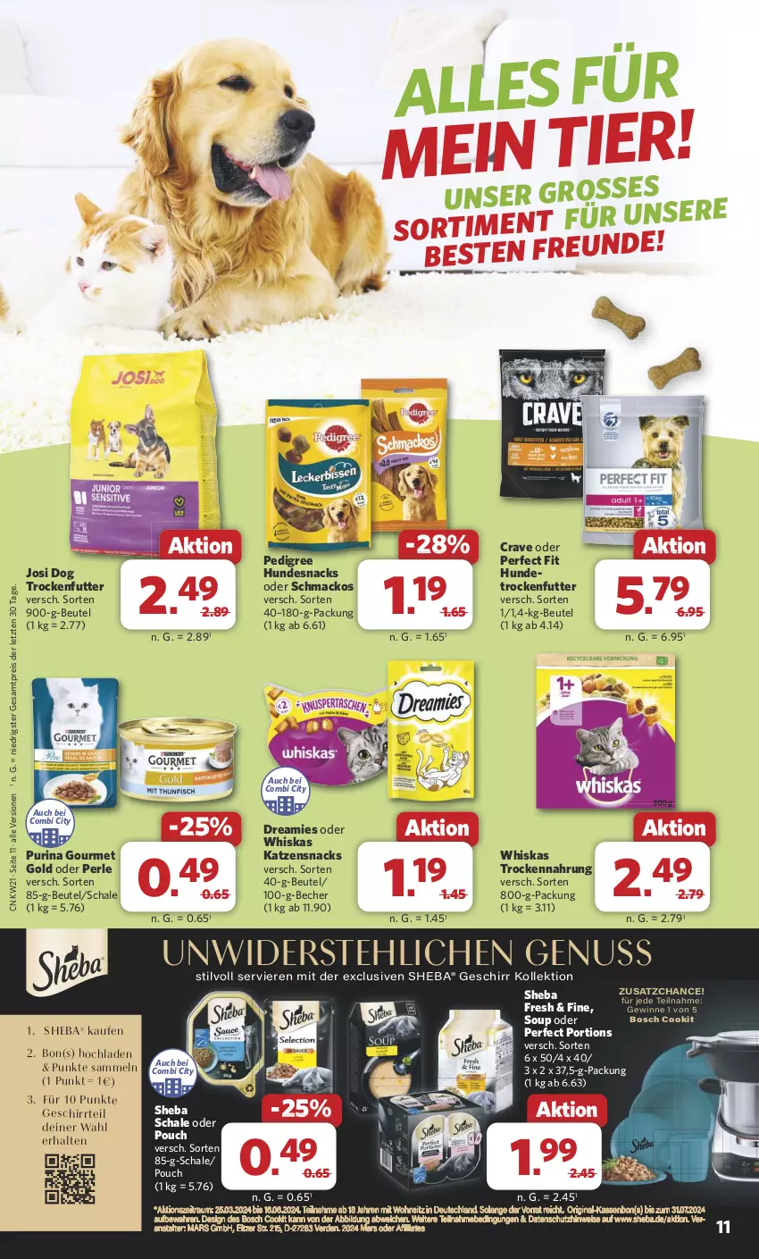 Aktueller Prospekt Combi - Prospekte - von 21.05 bis 25.05.2024 - strona 11 - produkty: Becher, beutel, bosch, dreamies, eis, erde, geschirr, gin, gourmet gold, hundesnack, hundesnacks, katzensnack, katzensnacks, mac, mars, nuss, pedigree, Perfect Fit, purina, reis, Schal, Schale, sheba, snack, snacks, Ti, trockenfutter, Trockennahrung, whiskas, ZTE