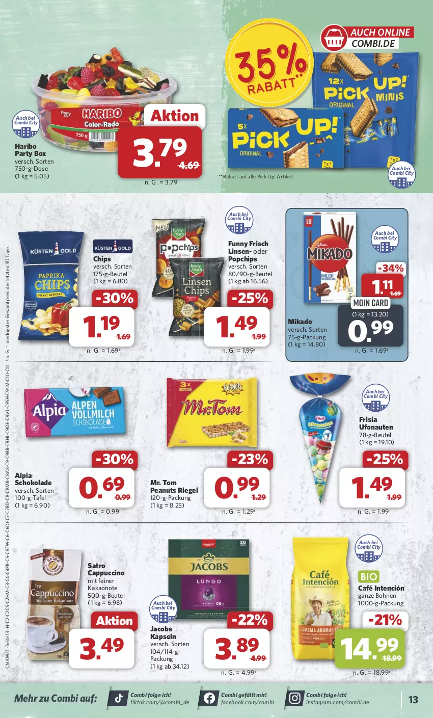 Aktueller Prospekt Combi - Prospekte - von 21.05 bis 25.05.2024 - strona 13 - produkty: alpia, beutel, bohne, bohnen, Cap, cappuccino, chips, cin, eis, Funny Frisch, haribo, jacobs, kakao, LG, linsen, mikado, Pick Up!, reis, riegel, schoko, schokolade, Ti, ZTE