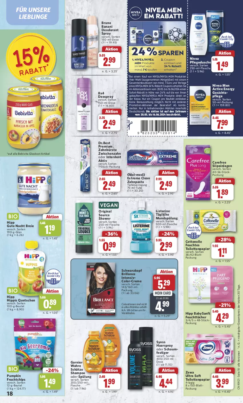 Aktueller Prospekt Combi - Prospekte - von 21.05 bis 25.05.2024 - strona 18 - produkty: bebivita, beutel, Brei, brillance, bruno banani, bürste, carefree, chips, Colorationen, cottonelle, coupon, coupons, creme, deo, deodorant, deospray, dusche, eier, eis, elle, erde, feuchttücher, flasche, frucht, garnier, gesichtspflege, gin, haarspray, hipp, listerine, mundspülung, nivea, Nivea Men, oder schaumfestiger, Odol, papier, pasta, pflegedusche, Reinigung, reis, schaumfestiger, schwarzkop, schwarzkopf, shampoo, shampoo oder spülung, slip, slipeinlagen, sofort-rabatt, spülung, syoss, Ti, toilettenpapier, tücher, vita, Wahre Schätze, Yo, zahnbürste, zahnpasta, zewa, ZTE