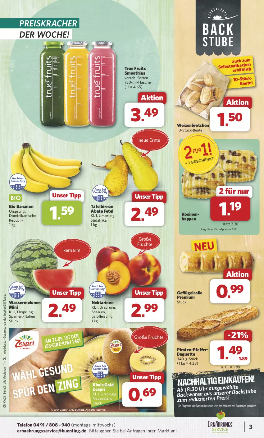 Aktueller Prospekt Combi - Prospekte - von 21.05 bis 25.05.2024 - strona 3 - produkty: angebot, angebote, baguette, banane, bananen, beutel, bio, Birnen, brötchen, eis, Elan, flasche, fleisch, früchte, Geflügel, kiwi, kracher, melone, melonen, Nektar, nektarinen, pfeffer, reis, smoothie, smoothies, stube, tafelbirnen, telefon, Ti, true fruits, uhr, wasser, wassermelone, wassermelonen, weizenbrötchen, zespri, ZTE