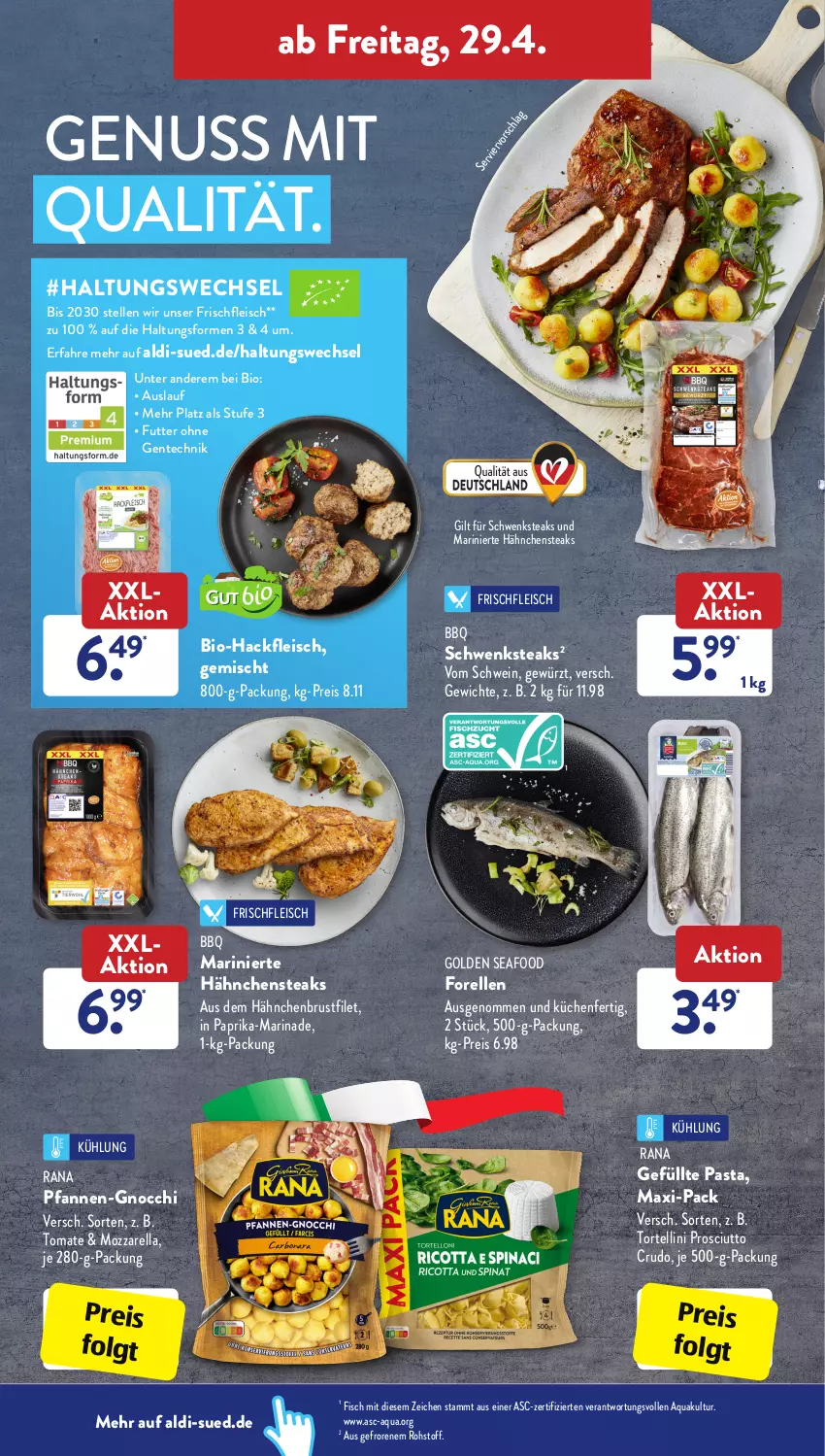 Aktueller Prospekt AldiSud - ALDI Aktuell - von 25.04 bis 30.04.2022 - strona 28 - produkty: aldi, aqua, bio, Bio-Hackfleisch, brustfilet, eis, elle, ente, filet, fisch, fleisch, forelle, gewürz, gnocchi, gsw, hackfleisch, hähnchenbrust, hähnchenbrustfilet, Hähnchensteak, hähnchensteaks, küche, Küchen, LG, marinade, mozzarella, nuss, paprika, pasta, pfanne, pfannen, prosciutto, prosciutto crudo, Rana, reis, rel, schwein, steak, steaks, Ti, tomate, torte, tortellini, wein