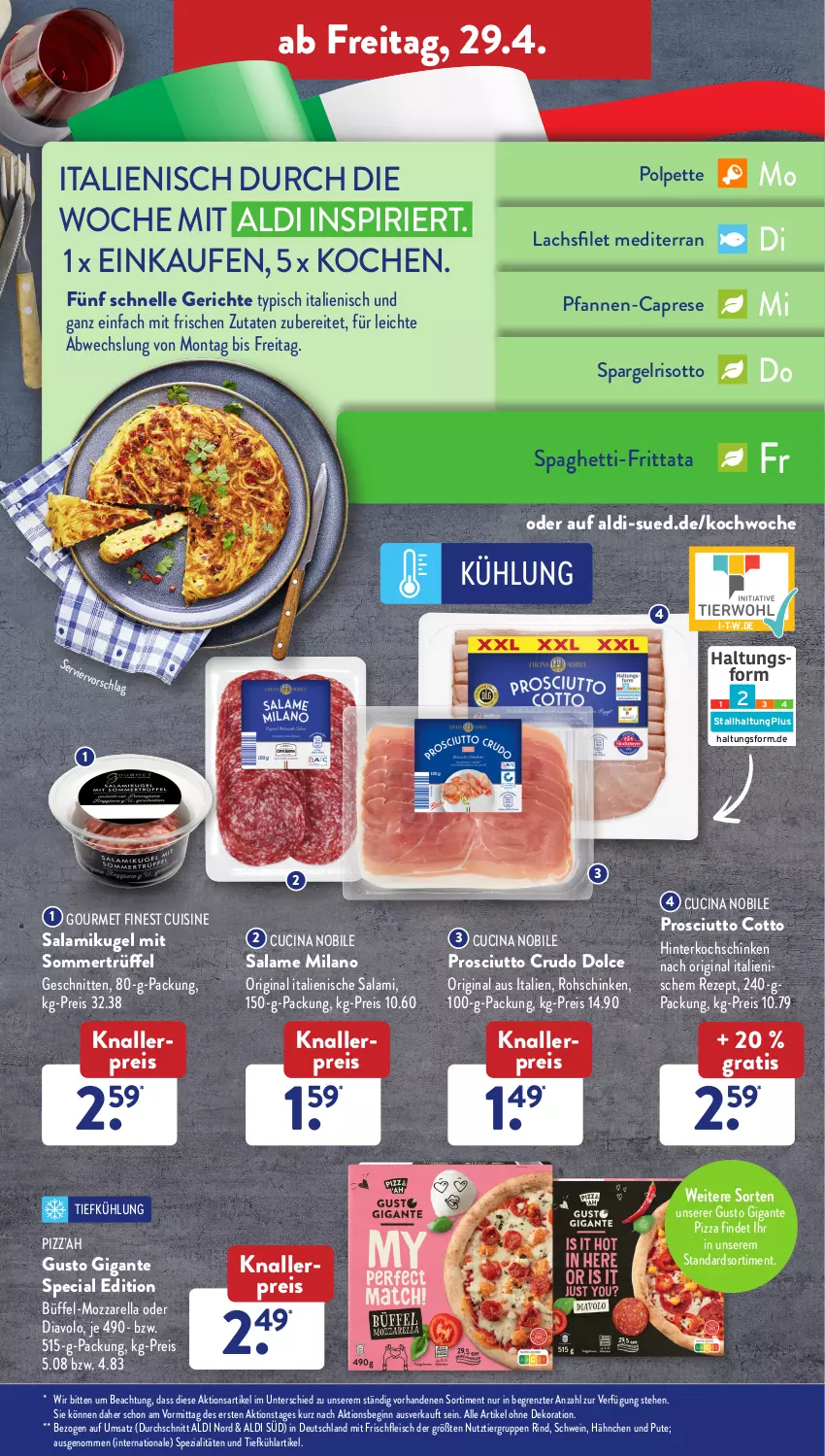 Aktueller Prospekt AldiSud - ALDI Aktuell - von 25.04 bis 30.04.2022 - strona 29 - produkty: aldi, alle artikel ohne dekoration, bier, Cap, cin, dekoration, eis, elle, filet, fleisch, gin, hinterkochschinken, knallerpreis, kochschinken, Kugel, lachs, lachsfilet, mozzarella, pfanne, pfannen, pizza, prosciutto, prosciutto cotto, prosciutto crudo, pute, reis, rel, rezept, rind, risotto, salami, schinken, schnitten, schwein, spaghetti, spargel, Spezi, Ti, Trüffel, wein, ZTE