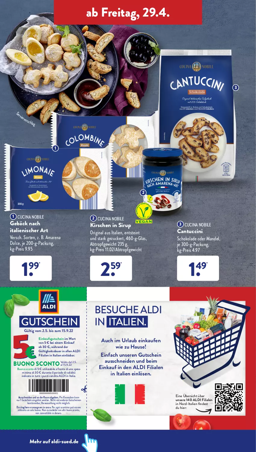 Aktueller Prospekt AldiSud - ALDI Aktuell - von 25.04 bis 30.04.2022 - strona 32 - produkty: aldi, auer, cantuccini, cin, eis, erde, gin, gutschein, gutscheine, kirsch, kirsche, kirschen, mandel, reis, schoko, schokolade, sirup, Ti, tuc, zucker