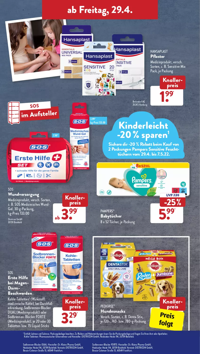 Aktueller Prospekt AldiSud - ALDI Aktuell - von 25.04 bis 30.04.2022 - strona 34 - produkty: Apotheke, eier, eis, elle, erde, feuchttücher, hansaplast, hundesnack, hundesnacks, ilag, Kinder, knallerpreis, leine, LG, medizinprodukt, pampers, pedigree, pflaster, reis, snack, snacks, tablet, tablett, Tablette, teller, Ti, tisch, tücher