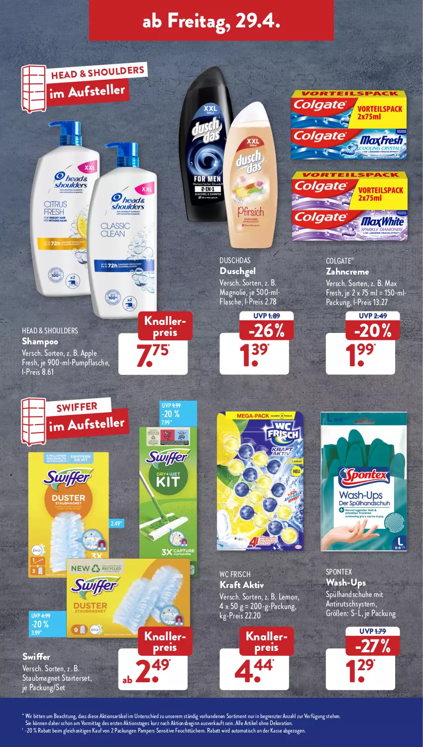 Aktueller Prospekt AldiSud - ALDI Aktuell - von 25.04 bis 30.04.2022 - strona 35 - produkty: alle artikel ohne dekoration, Apple, auto, colgate, creme, dekoration, duschdas, duschgel, eis, elle, feuchttücher, flasche, gin, handschuhe, knallerpreis, kraft, LG, Max Fresh, pampers, reis, schuhe, shampoo, spontex, staubmagnet, swiffer, teller, Ti, tisch, tücher, wc frisch, zahncreme, ZTE