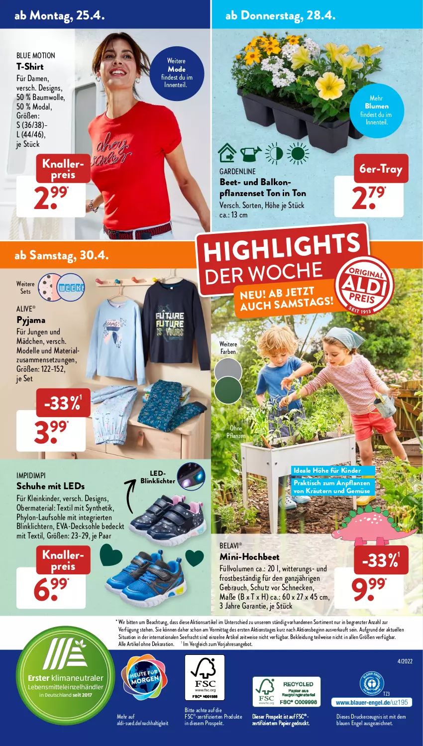 Aktueller Prospekt AldiSud - ALDI Aktuell - von 25.04 bis 30.04.2022 - strona 43 - produkty: aldi, alle artikel ohne dekoration, angebot, balkonpflanzen, Bau, baumwolle, blume, blumen, decksohle, dekoration, dell, drucker, eis, elle, Engel, ente, gin, Hylo, kerze, Kinder, kleid, Kleidung, knallerpreis, kräuter, kräutern, lebensmittel, leds, Mode, papier, pflanze, pflanzen, Pyjama, Rauch, reis, resa, Ria, schuhe, shirt, T-Shirt, Ti, tisch, und gemüse, wolle, ZTE