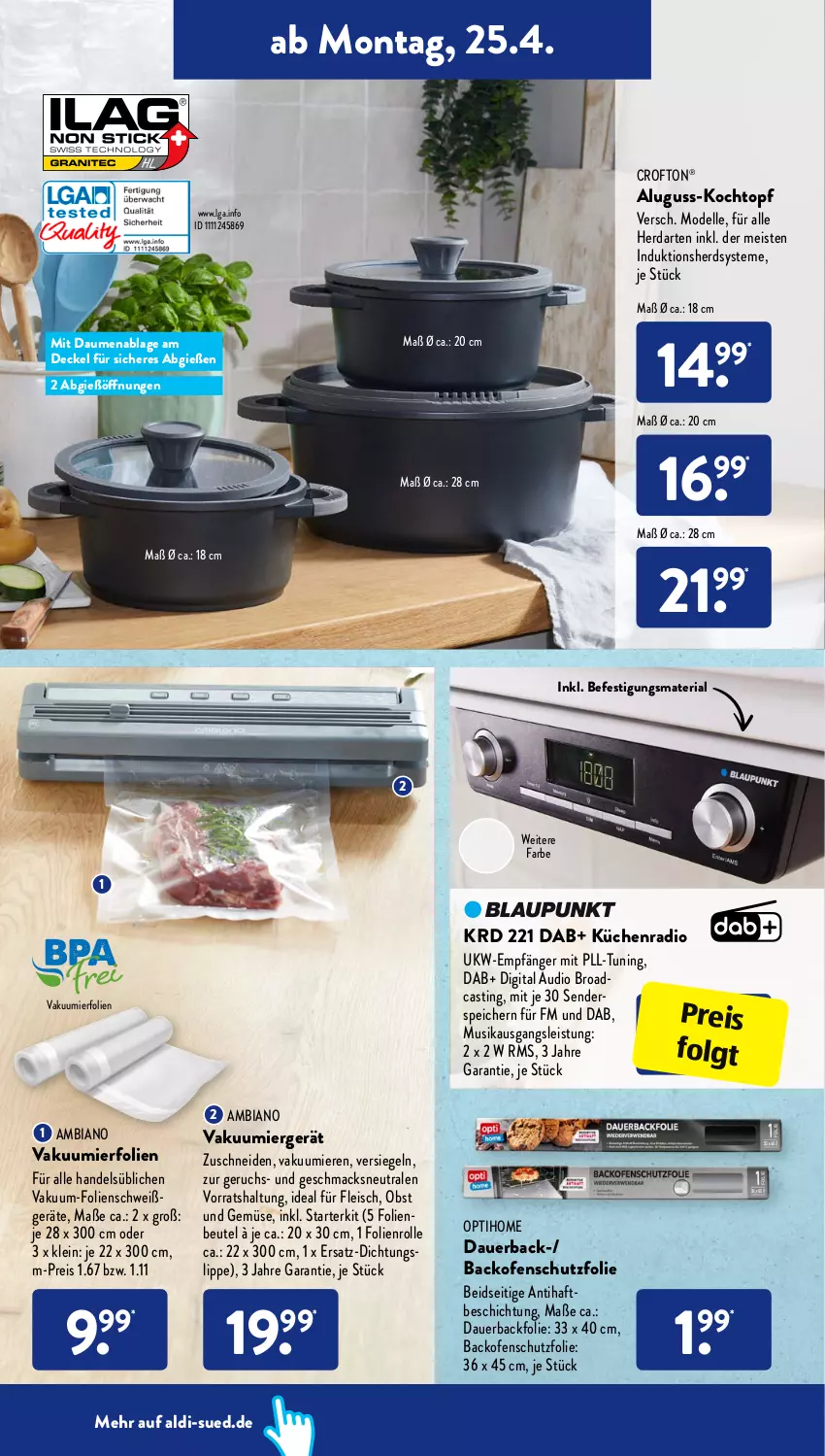 Aktueller Prospekt AldiSud - ALDI Aktuell - von 25.04 bis 30.04.2022 - strona 6 - produkty: aldi, ambia, asti, auer, Backfolie, backofen, beutel, Crofton, crofton®, decke, Deckel, dell, eis, elle, enders, fleisch, herdarten, Kochtopf, küche, Küchen, Küchenradio, LG, mac, Mode, obst, Obst und Gemüse, Ofen, Radio, reis, Ria, slip, Ti, topf, und gemüse