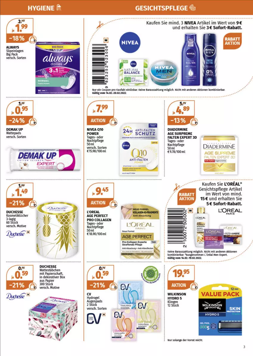 Aktueller Prospekt Mueller - Müller Prospekt - von 14.02 bis 19.02.2022 - strona 3 - produkty: Collagen, Diadermine, gesichtspflege, gin, kosmetik, Kosmetiktücher, loreal, nivea, papier, sofort-rabatt, Ti, tücher, Wattestäbchen