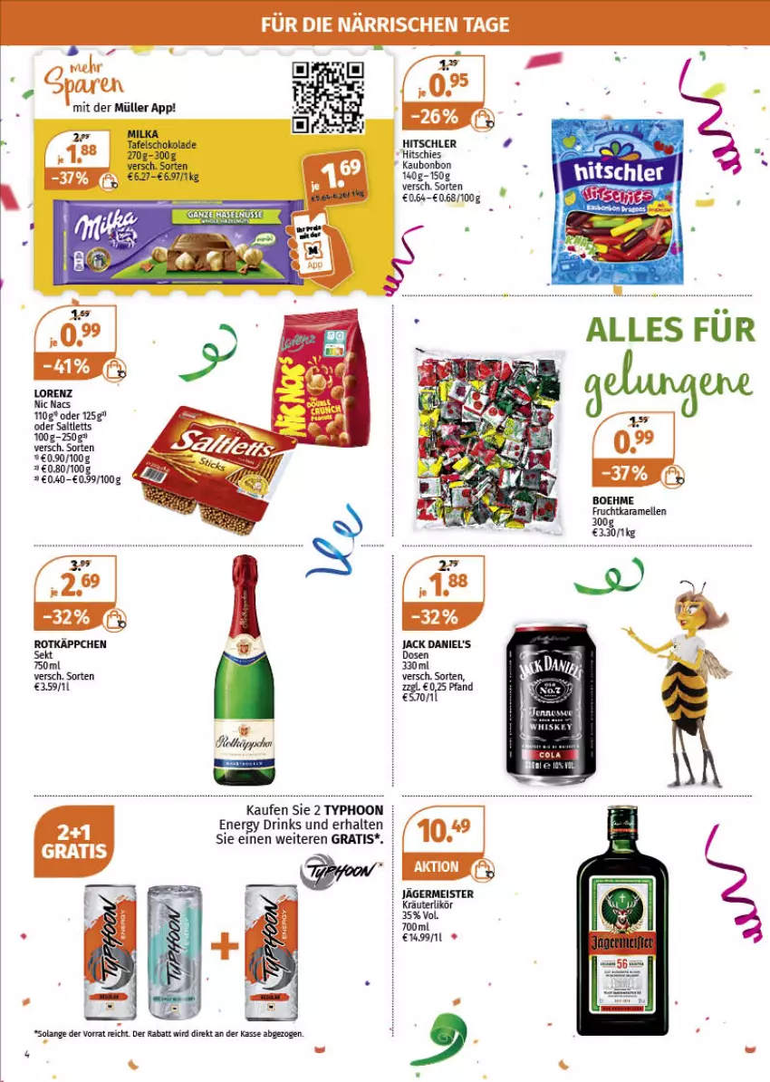 Aktueller Prospekt Mueller - Müller Prospekt - von 14.02 bis 19.02.2022 - strona 4 - produkty: drink, drinks, eis, elle, energy drink, Germ, hitschler, jack daniel, jack daniel's, jägermeister, kräuter, kräuterlikör, likör, Meister, Müller, rotkäppchen, saltletts, sekt, Ti