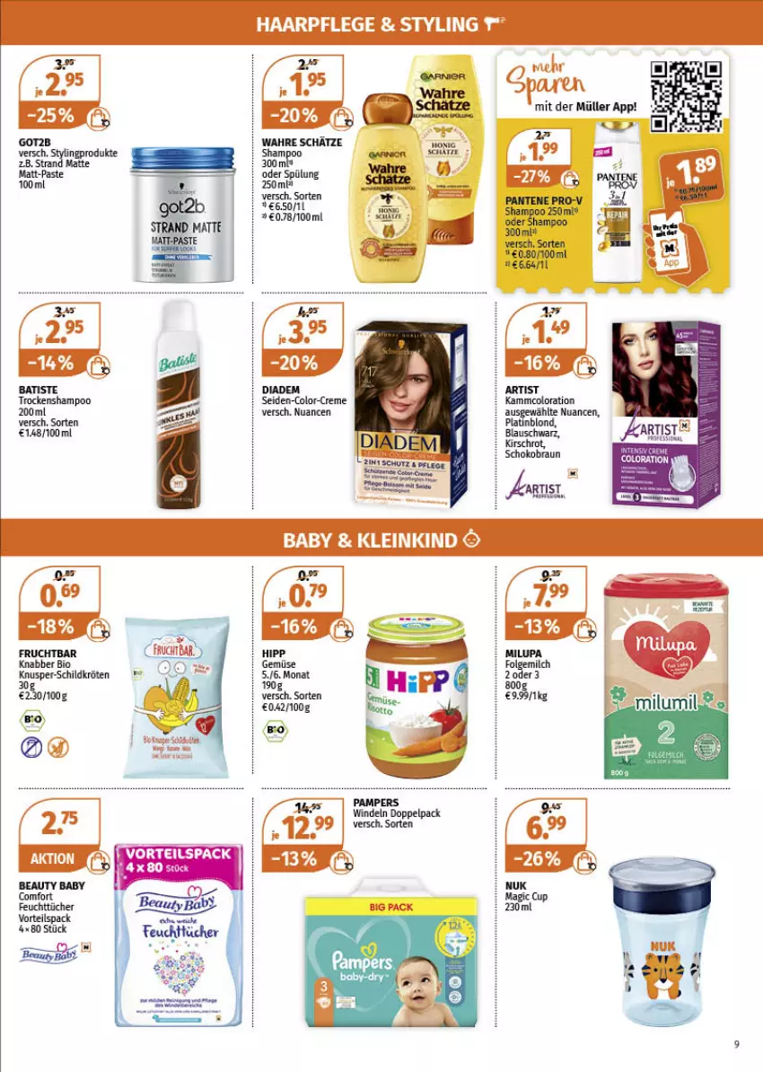 Aktueller Prospekt Mueller - Müller Prospekt - von 14.02 bis 19.02.2022 - strona 9 - produkty: bio, creme, diadem, feuchttücher, frucht, haarpflege, Müller, Nuance, nuk, pampers, shampoo, Ti, Trockenshampoo, tücher, windeln