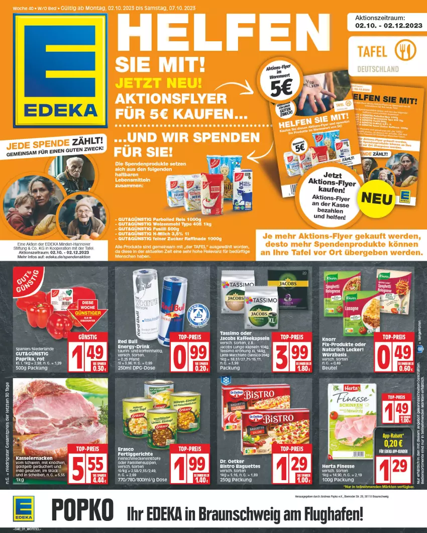 Aktueller Prospekt Edeka - Angebote der Woche - von 02.10 bis 07.10.2023 - strona 1 - produkty: ACC, angebot, baguette, baguettes, Bistro Baguette, braun, chia, classico, deka, drink, ente, erde, fertiggericht, fertiggerichte, jacobs, jacobs tassimo, kaffee, kaffeekapseln, latte, latte macchiato, lungo, mac, macchiato, oder jacobs, paprika, red bull, rel, salz, schwein, sim, suppe, suppen, tassimo, Ti, weck, wein, ZTE