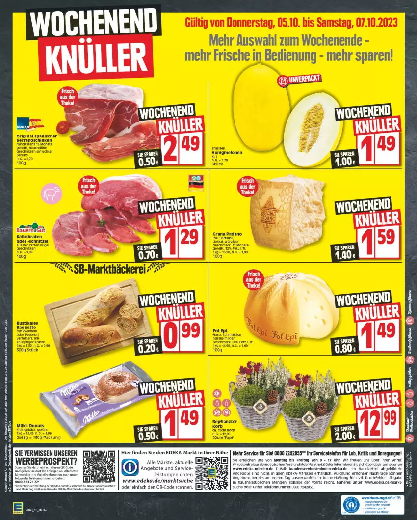 Aktueller Prospekt Edeka - Angebote der Woche - von 02.10 bis 07.10.2023 - strona 16 - produkty: auer, baguette, Bau, Bauer, braten, dell, Donut, donuts, fol epi, gin, grana, grana padano, hartkäse, honig, honigmelone, honigmelonen, Käse, korb, Kugel, mac, melone, melonen, milka, mit zwiebeln, nuss, padano, peperoni, Peroni, Rana, rel, schinken, schnitten, schnittkäse, schnitzel, serrano, Ti, topf, ZTE, zwiebel, zwiebeln