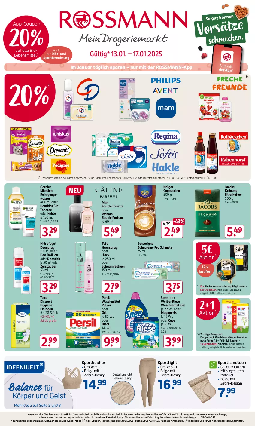 Aktueller Prospekt Rossmann - Prospekte - von 06.01 bis 31.01.2025 - strona 1 - produkty: angebot, angebote, beutel, bio, Cap, cappuccino, chips, cin, coupon, creme, deo, deo roll-on, deospray, deospray 150 ml, Deostick, Discreet, Eau de parfum, eau de toilette, eis, elle, erde, filterkaffee, freche freunde, frucht, garnier, gsw, haarspray, handtuch, hipp, jacobs, jacobs krönung, kaffee, Kinder, Kindernahrung, krüger, lack, lebensmittel, megaperls, mizellen, Mizellen Reinigungswasser, nuss, oder deo roll-on, oder schaumfestiger, Pants, parfum, persil, persil waschmittel, quetschbeutel, Reinigung, Ria, roll-on, schaumfestiger, sensodyne, sheba, spee, Sport, Stier, Taft, Ti, Toner, tuc, waschmittel, wasser, windeln, zahncreme