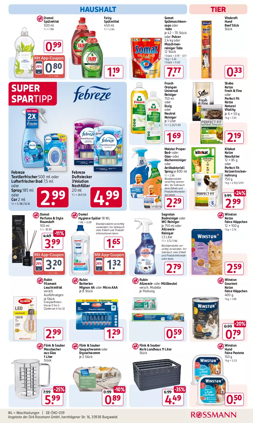 Aktueller Prospekt Rossmann - Prospekte - von 06.01 bis 31.01.2025 - strona 11 - produkty: allzweckreiniger, angebot, angebote, Bad, batterie, batterien, Becher, beef, beutel, bio, biozidprodukte, Cap, coupon, dell, Domol, eis, elle, essig, fairy, febreze, Frosch, kitekat, korb, kraft, küche, Küchen, leuchtmittel, lufterfrischer, maschinenreiniger, Meister, meister proper, Messbecher, Mode, müllbeutel, nassfutter, natur, natura, orange, orangen, pastete, Perfect Fit, Rauch, Raumduft, reiniger, Rubin, rum, rwe, sagrotan, schwamm, sheba, somat, spartipp, Spektrum, spülmaschinen, spülmittel, Textilerfrischer, Ti, Trockennahrung, vita, vitakraft, vitality, wc-reiniger, weck, wedel