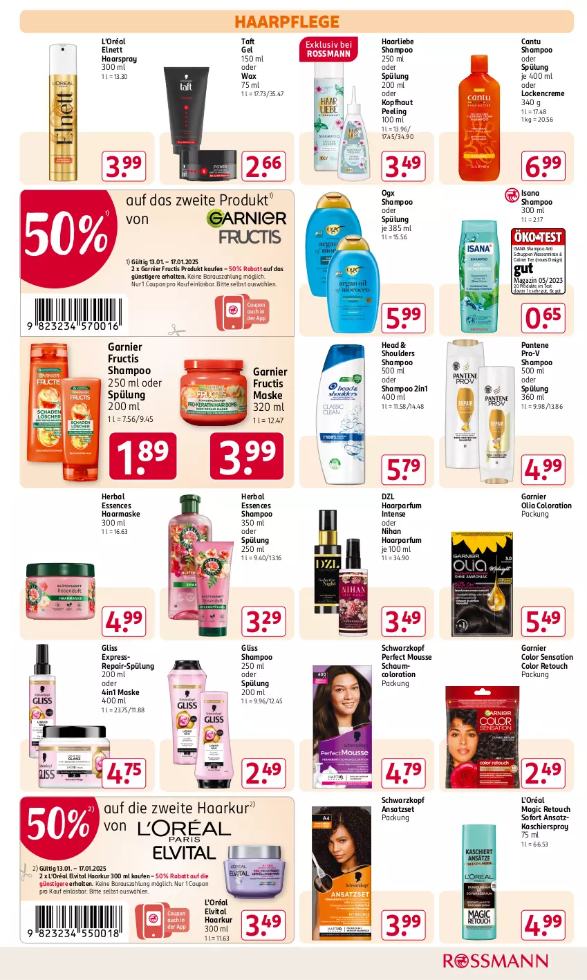 Aktueller Prospekt Rossmann - Prospekte - von 06.01 bis 31.01.2025 - strona 5 - produkty: coupon, creme, elnett, elvital, fructis, garnier, gliss, grüner tee, haarpflege, haarspray, isana, magazin, Maske, minze, mousse, pantene, pantene pro-v, parfum, Peeling, pro-v, sana, schwarzkop, schwarzkopf, shampoo, shampoo 250 ml, shampoo oder spülung, spülung, spülung 200 ml, Taft, tee, Ti, vita, wasser