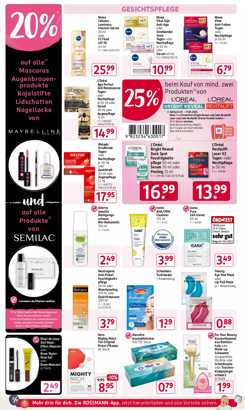 Aktueller Prospekt Rossmann - Prospekte - von 06.01 bis 31.01.2025 - strona 6 - produkty: alouette, alterra, Augenpflege, bambus, bio, Clin, coupon, creme, dell, Effect, elle, feuchtigkeitspflege, For Your Beauty, Gesichtsöl, gesichtspflege, Gesichtswasser, gin, hama, hero, Holz, HP, isana, kosmetik, Kosmetiktücher, lack, Lacke, magazin, Make-up, mam, Mascara, Maske, Mode, nachtpflege, Nagellack, neutrogena, nivea, Peeling, pflaster, Pinsel, Reinigung, Reinigungsschaum, Revital, revitalift, rum, sana, Schaebens, schwamm, Serum, soja, spiegel, stifte, Tasche, taschen, Ti, tuc, tücher, tuchmaske, vita, wasser, weleda, Yo